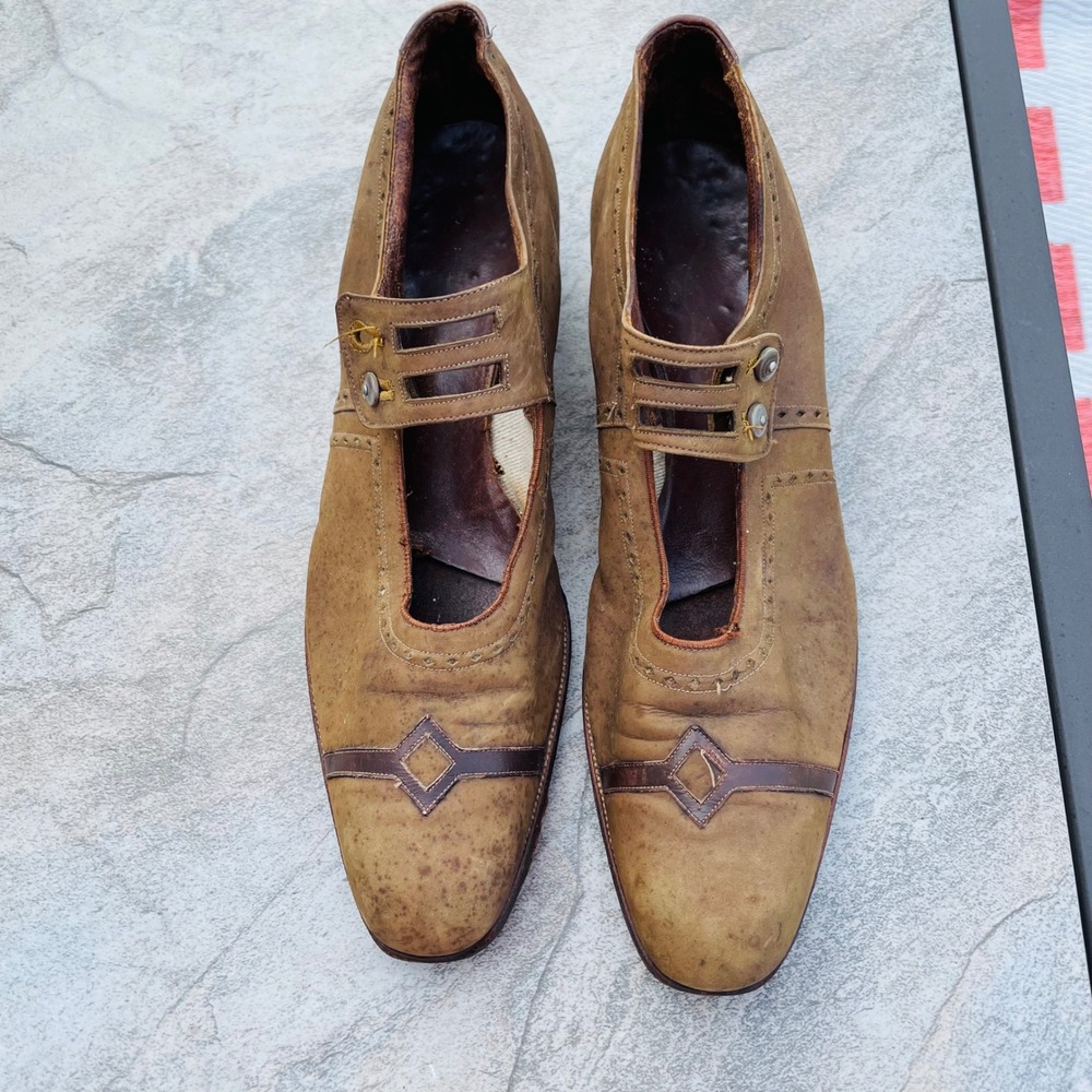 Vintage Leather Mary Jane Heels Tan Brogue Button Strap Pointed Toe Shoes AS IS